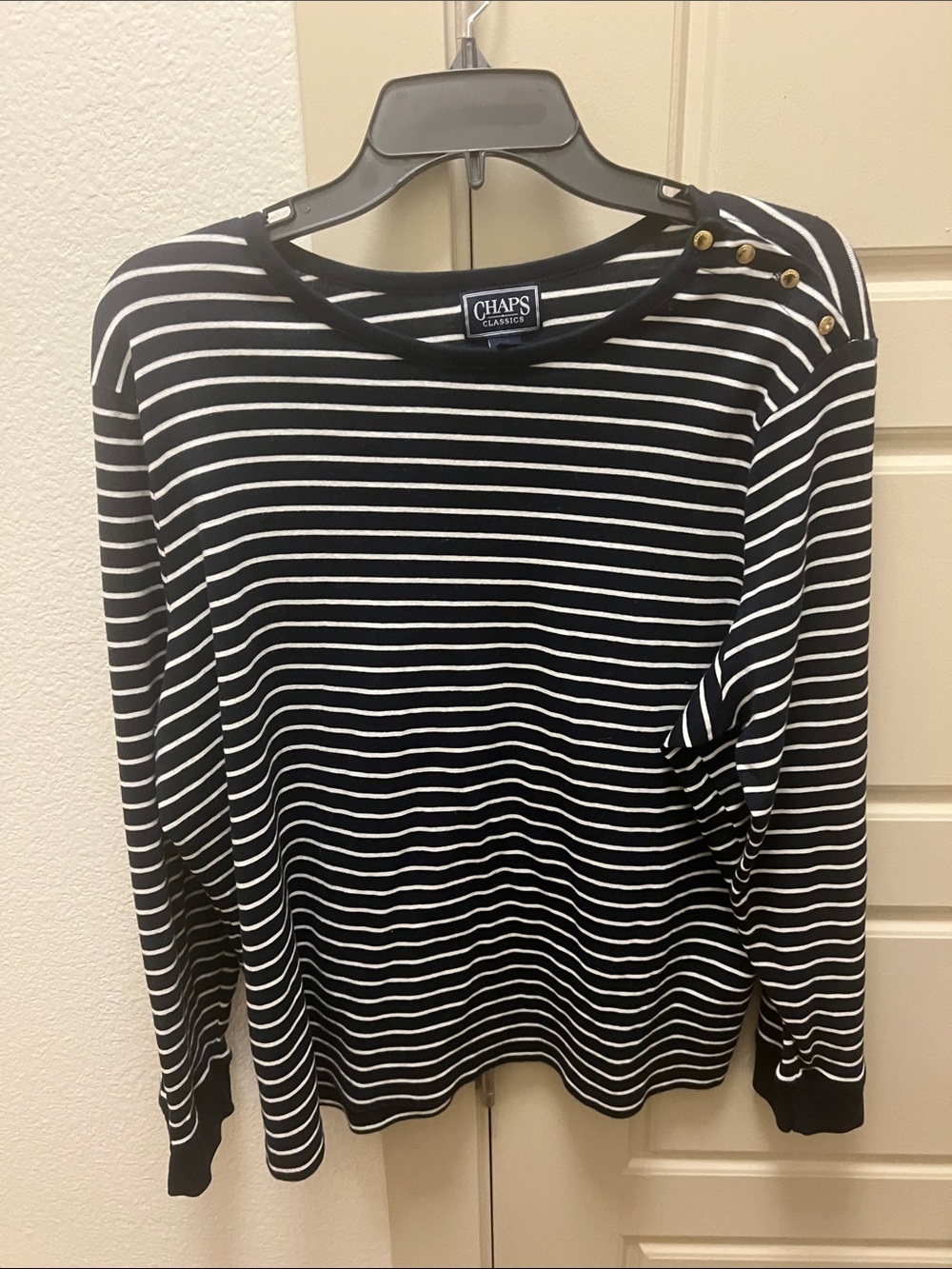 Chaps Navy White Striped Boatneck 3/4 sleeve Tee shirt 3X Gold Buttons nautical